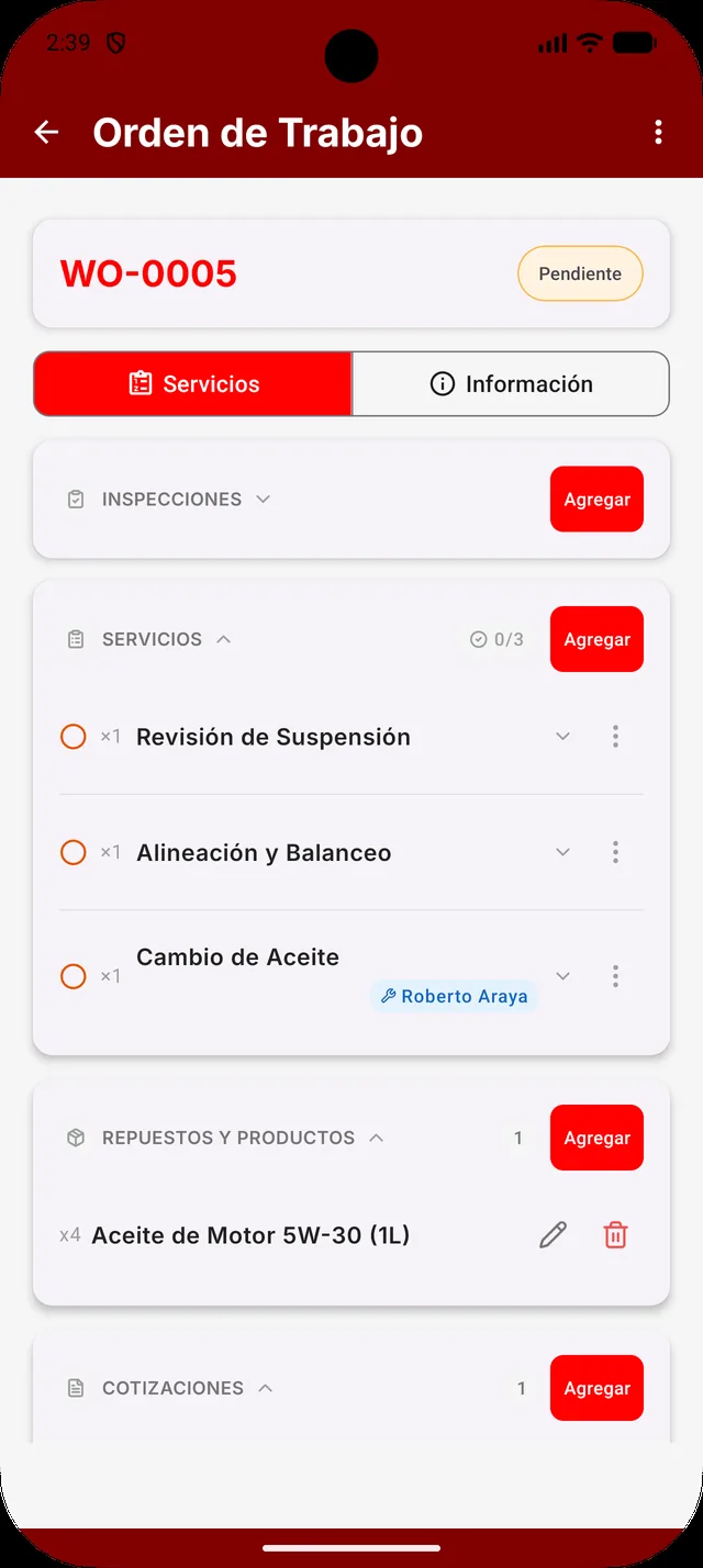 Detalle de una orden de trabajo en la app de Autico